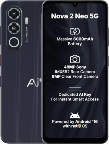 Image of AI+ Nova 2 Neo 5G Smartphone, 128 GB, Black, Android 16, 4 GB RAM, Mediatek Dimensity 6300, 2.4 GHz, 6.745 Inch HD+ Display