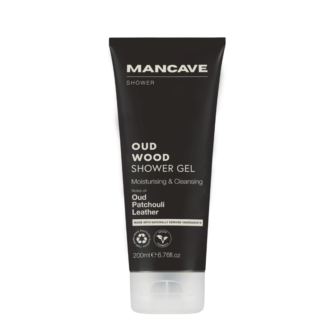 ManCave Oudwood Shower Gel 200ml, Moisturising & Cleansing Body Wash for Men, Notes of Oud, Patchouli & Leather, Naturally Derived Ingredients, Made in UK, PCR Packaging