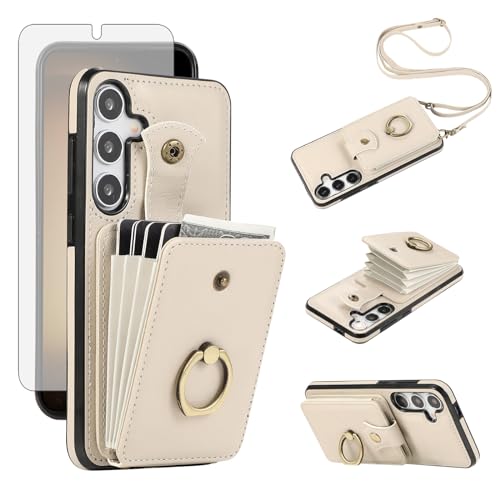 Phone Case for Samsung Galaxy S24 Plus S24+ 5G Wallet Cell Cover with Screen Protector and Crossbody Strap Ring Stand RFID Credit Card Holder Kickstand S24plus 24S + S 24 24+ Women Girls Beige by Asuwish - Used condition - CA$15.47