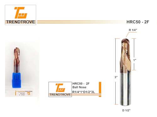 Image of Ball Nose Carbide End Mill, 2 Flute, HRC50, TiSiN Coated, CNC Router Bits for Hardened Steel, Stainless Steel, Alloy Steel, Aluminum, Metal - (1 /8 inch 1 /4 inch 3 /8 inch 1 /2 inch) Diameter (1 /2 inch Diameter)