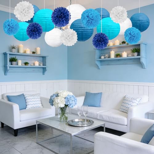 Image of 18 PCS Blue White Paper Lanterns & Tissue Paper Pom Poms for Boyss Birthday, Baby Shower, Wedding, Bridal Shower, Hanging Paper Decor for Indoor Outdoor Events Party Supplies