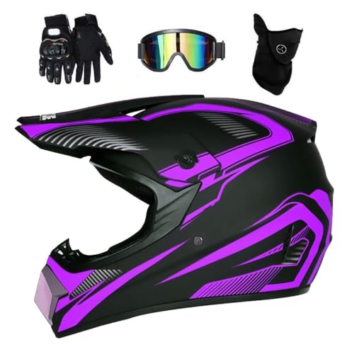 Unisex Extreme Sports Motocross Helmet, with Goggles Gloves Mask, Youth Kid Full Face Off Road Street Motorbike Helmet, Downhill Enduro BMX MTB ATV Quad Dirt Bike Crash Helmet(Purple,M/54-55CM)
