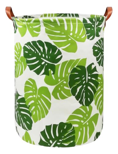 Image of HUNRUNG Round Fabric Collapsible Storage Basket with Handles, Round Leaf | Waterproof round laundry bin with reinforced handles, collapsible storage for bedroom, bathroom, closet