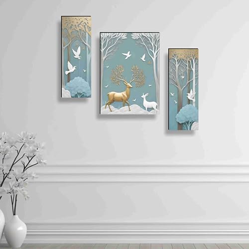 SAF deer Paintings for Wall Decoration - Set Of 3, 3d modern art Painting for Living Room Large Size with Frames for Home, Office painting 50.8 cm x 30.48 cm SANFJM36036-Engineered Wood