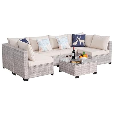 PAIQIAN 7 Piece Sectional Sofa Set Outdoor, Rattan Patio Furniture Set, Outdoor Sectional Furniture, Rattan Chairs Glass Table Wicker Conversation Seating Sectional Sofa with Cushions (Gray Beige)