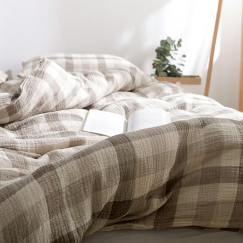 Image of VM VOUGEMARKET King Duvet Cover Set Beige Grey Plaid Bedding Set Soft Breathable 3 Layers Muslin Cotton Linen Like Gauze Comforter Cover with Zipper Closure-3 Pieces,104 inchx90 inch