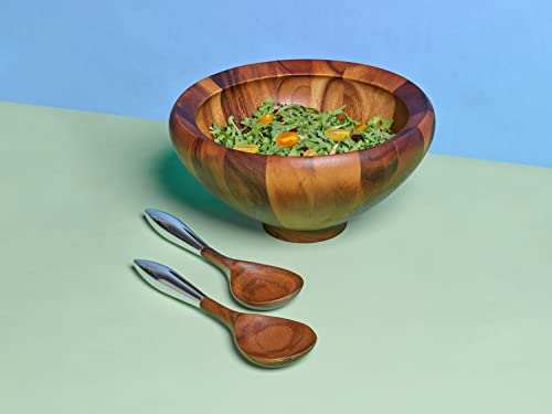 Nambe Yaro Acacia Wood Salad Bowl With 2 Salad Servers | Made Of Acacia Wood And Nambe Alloy | Large Deep Wooden Bowls | Acacia Wood Salad Bowl Set | Designed By Sean O’hara #TOP5