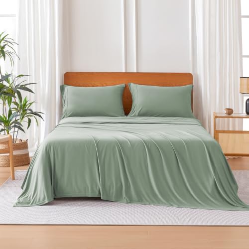 Image of Amazon Basics Jersey Knit 4-Piece Sheet Set, Wrinkle Resistant and Easy Fit, Includes 16 inch Deep Pocket Fitted Sheet, 1 Flat Sheet and 2 Pillowcases, Full, Sage Green