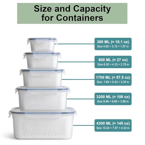 5 Pack Large Fruit Storage Containers for Fridge with Removable Colander-Plastic Food Storage Containers with Lids Airtight-Leak Proof Refrigerator Organizers and Storage of Vegetable -Produce Storage by RockBerry - Image 2