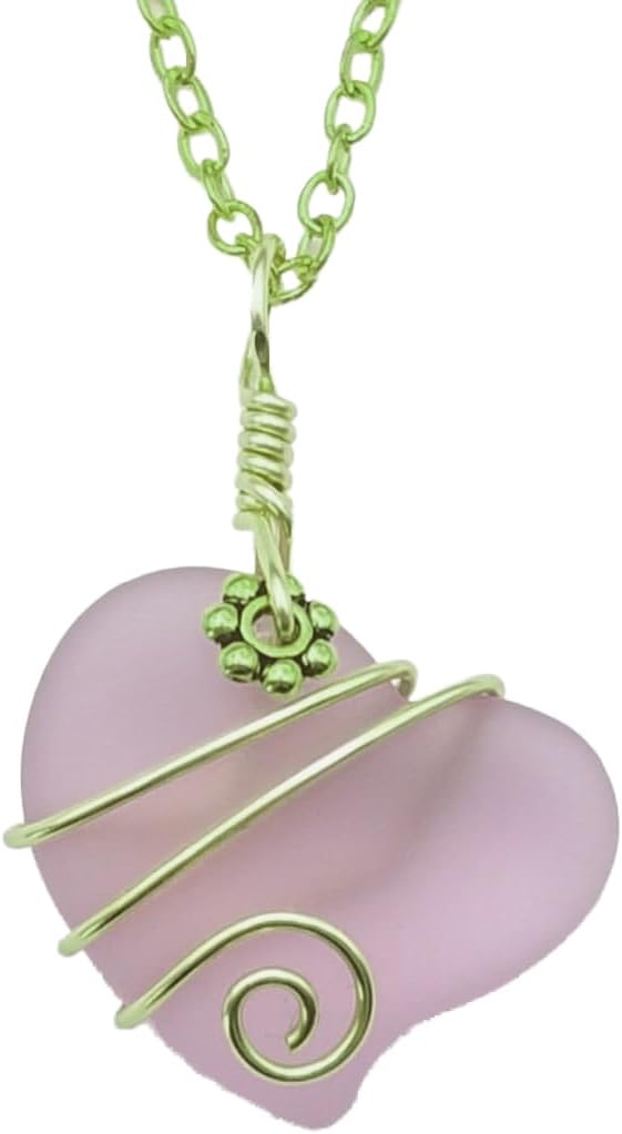 Handmade Sea Glass Necklace, Hawaiian Jewelry For Women, Gold Wire Heart Necklace, Unique Sea Glass Jewelry Gift For Women (Purple - February)