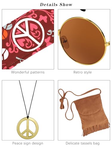 SOMSOC 7 Pieces 70s Women Hippie Costume Fringe Vest Bag Pant Headband for Halloween4