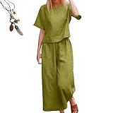 Linen Sets for Women 2 Piece,Summer Lounge Outfits Short Sleeve shirts and Wide Leg Breathable Cotton Linen Pant Sets (Fruit Green,L)