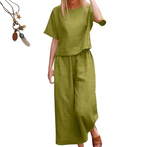 Linen Sets for Women 2 Piece,Summer Lounge Outfits Short Sleeve shirts and Wide Leg Breathable Cotton Linen Pant Sets (Fruit Green,L)