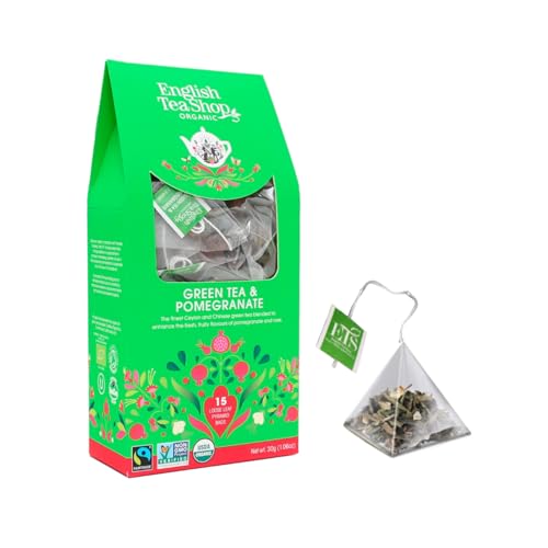 English Tea Shop | Tè Verde e Melagrana in Eco Box | Tè Verde BIO Petali Rosa e Pezzi Melagrana - 15 Infusori Piramide