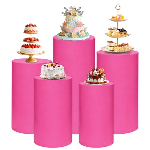 magalo Cylinder Pedestal Stand Covers Set of 5 Spandex Display Pedestal Covers Round Plinth Pillar Cover for Birthday Party Wedding Baby Shower Decor(Fuchsia,Only Covers)