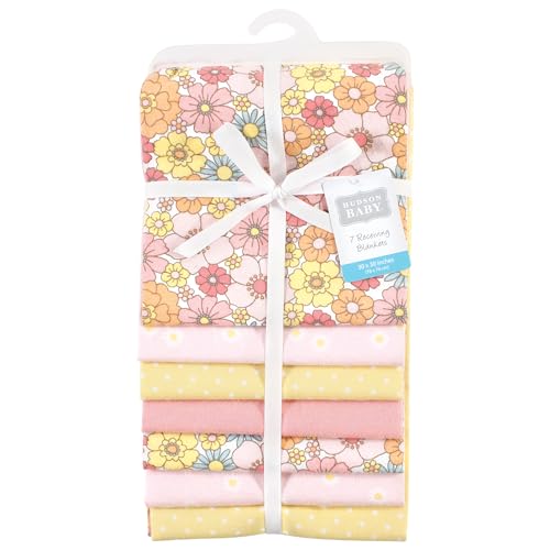 Image of Little Treasure Hudson Baby Cotton Poly Flannel Receiving Blankets Multipack, Pink Peace Love Flowers, 30x30 inches