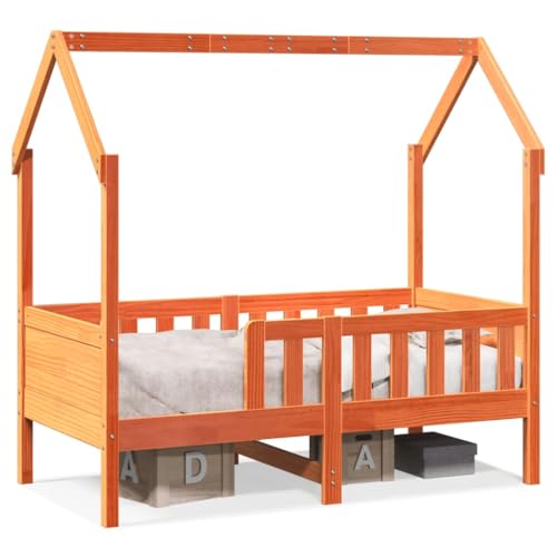 HETFTJN Kinderbett Hausbett 80x160 cm aus massivem Kiefernholz wachsbraun mit Sicherheitsseiten, offenem Dach und Stauraum unter dem Bett für Mädchen und Jungen ab 4 Jahre für Schlaf- und Spielbereich