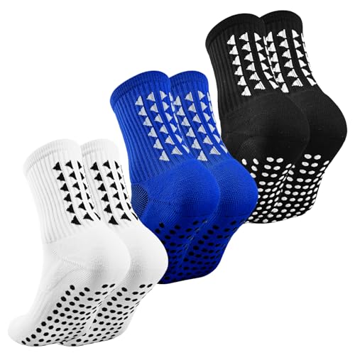 mtuihfo 3 Pairs Breathable Kids Grip Socks Boys Football Socks Grip Kids Football Grip Socks for Running Hockey Football Aged 9-12 (UK Age One Size Regular Black1+White1+Blue1)