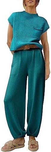 ANRABESS Women's Two Piece Outfits Sweater Sets Knit Pullover Tops and Casual Pants Tracksuit Matching Sets Loungewear 2023 Summer Fashion Clothes Sweat Suit 953shenlv-M