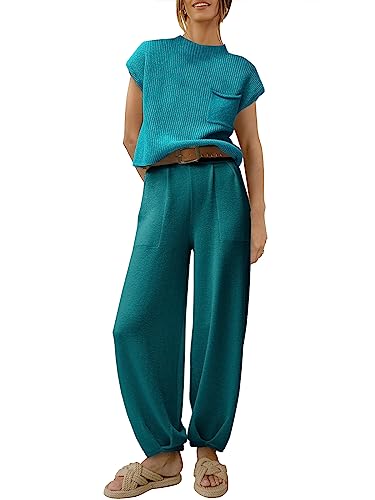 Anrabess Women's Two Piece Outfits Sweater Sets Knit Pullover Tops And Casual Pants Tracksuit Matching Sets Loungewear 2023 Summer Fashion Clothes Sweat Suit 953Shenlv-M #TOP4