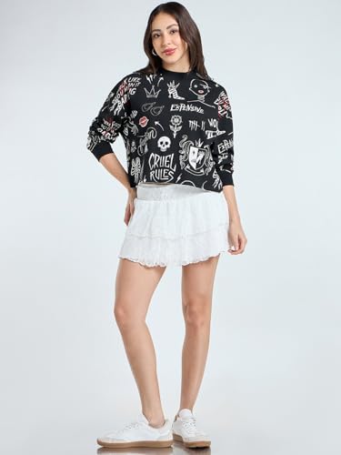 Image of Bewakoof Official Disney Merchandise Cruella Women's All Over Printed Oversized Fit Full Sleeve Round Neck Cotton Blend Sweatshirt