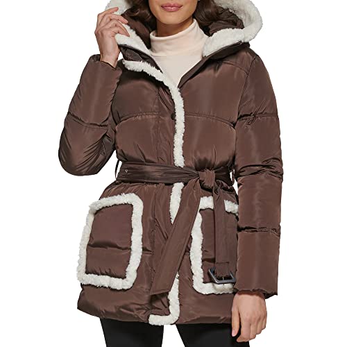 Kenneth Cole Women's Faux Sherpa Trim Hooded Puffer Coat