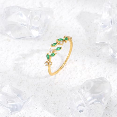 18K Gold Rings for Women | Open Adjustable Ring | Green Cubic Zirconia Leaf Ring for Women | Dainty Stackable Rings for Women (Green)