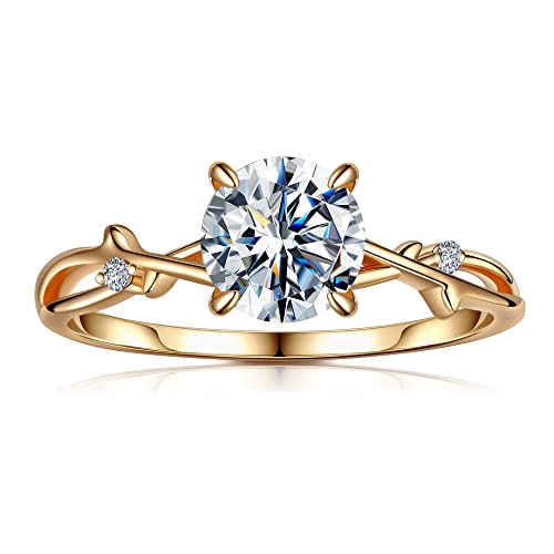 SMILEST Branch Moissanite Promise Rings for Her, 1.2ct D Color VVS1 Clarity Round Cut Lab Created Diamond Engagement Ring 18K Yellow Gold Plated S925 Sterling Silver Twig Moissanite Rings for Women