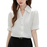 [GORQQCE] シャツ レディース 半袖 トップス ブラウス パフスリーブ Vネック 前開き 無地 着痩せ シンプル 韓国 ファッション 大人 快適 エレガント 通勤 オフィス 春 夏