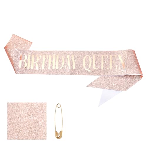 Photo de DOPENSPI Écharpe d'anniversaire scintillante pour femme et fille - Or rose scintillant avec épingle - Accessoire de fête d'anniversaire pour femmes et filles (anniversaire Queen)