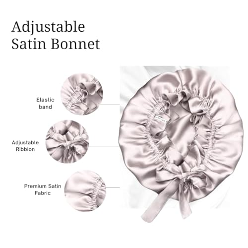 Image of Atrube's Silk Satin Hair Bonnet Reversible with Adjustable Tie Band Wrap Satin Wrap with Hair Scalp Massager Shampoo Brush and 3 Scrunchies (Grey)