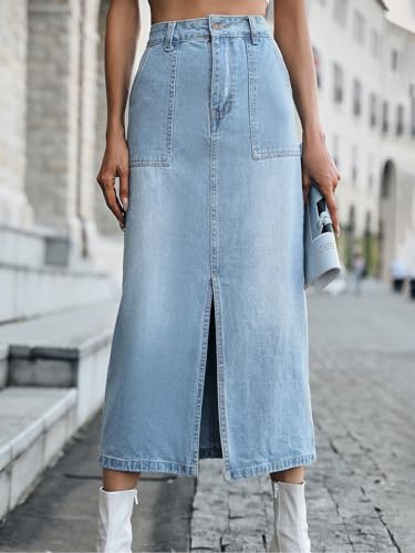 ebossy Women's Casual High Waist Front Slit Utility Pencil Long Jean Skirts with Patch Pockets2