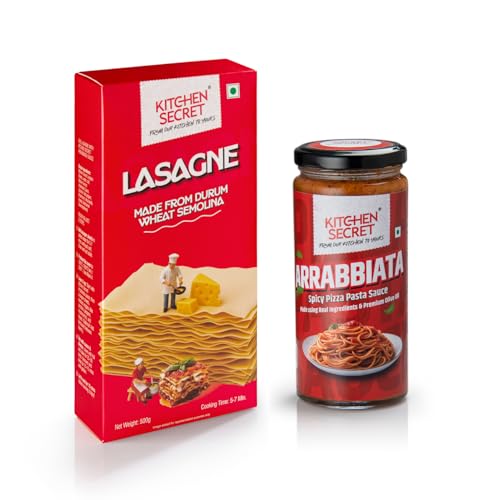 Image of Kitchen Secret Pasta Combo | Lasagne Sheets 500g + Arrabbiata Sauce 390g | 100% Durum Wheat | No Maida, Egg Free, Trans Fat Free | Spicy Pasta Kit with Real Ingredients