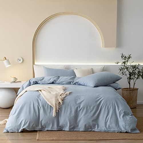 JIYUAN 100% Washed Cotton Duvet Cover Set Comfy Simple Style Solid Color Soft Breathable Textured Durable Linen Feel Bedding Sets for All Seasons Queen Size, Light Blue