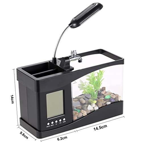 YWSZJ Acquario USB Mini Aquarium Creative Fish Jar con pompa dell'acqua GUIDATO Light Lamp Desktop Calendario Doning Clock Aquariums Bowl (Color : Black, Size : 14.5 * 13 * 9.2cm) - Image 6