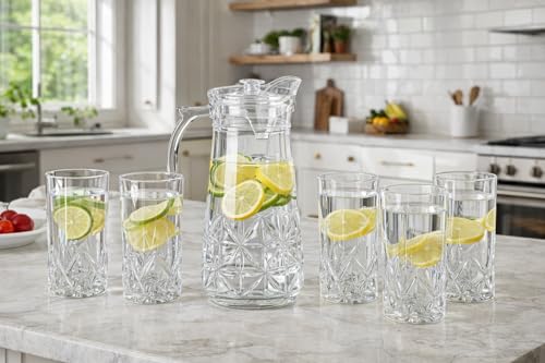 Image of bellemax 1.8 Litre Detox Water Jug with 6 Matching Glasses Set | Glass Water Jug Set for Fridge | Juice, Lemon Water, Mocktail, Cold Drink Serving Set for Home Kitchen (Set of 7)