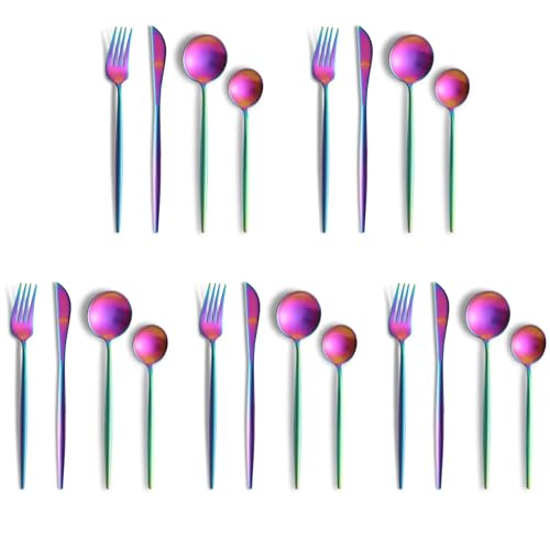 Image of aDai Rainbow Silverware Set | Satin Finish 20-Piece Stainless Steel Flatware Set | Dishwasher Safe Cutlery for Home, Restaurant & Gifting