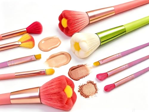 RAEEIKPHZ Beautiful Makeup Brush Set for Girls 10pcs Fan Cute Flower Red Makeup Brushes Kit of Powder Blush Eye Shadow Brush for Teens Women Girls