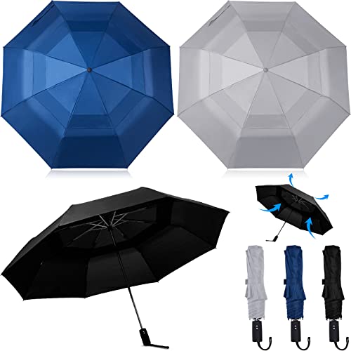 Reginary 3 Pcs Automatic Open Close Golf Umbrella Folding Windproof Travel Umbrellas 54 Inch Collapsible Umbrella Double Vented Canopy Lightweight Large Umbrella, Black, Navy, Grey #TOP23