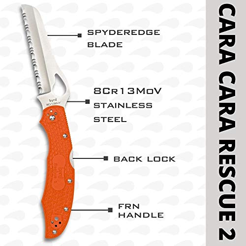 Byrd Cara Cara 2 Rescue Lightweight Knife 3.9" Stainless Steel Sheepfoot Blade and Performance Orange FRN Handle - SpyderEdge - BY17SOR2