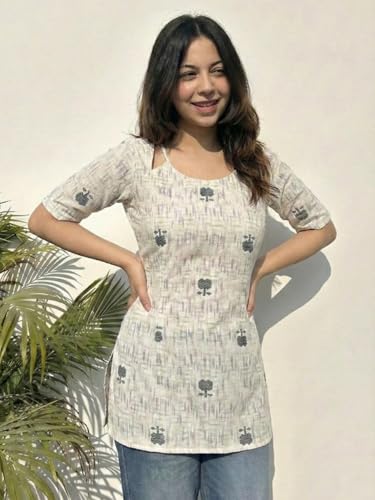 Image of ANNI Designer Women's Viscose Blend Printed Short Kurti | Straight Fit Casual Ethnic Top | Square Neck 3 /4 Sleeve Kurta Office College