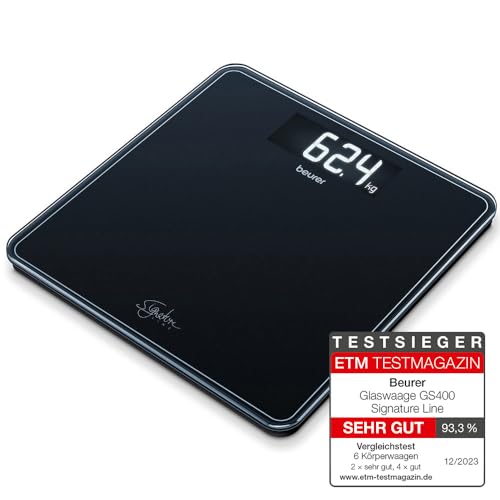 Beurer GS 400 black Signature Line Glas-/Personenwaage, mit großer Trittfläche aus Sicherheitsglas, stylischem Schwarz-Display im XL-Format und Tragkraft bis 200 kg