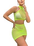 FasiCat Women's Mesh Lingerie See Through High Neck Sleeveless Solid Crop Top Fishnet Babydoll Mini Dress Free Size Bodysuit Cover Up Valentine's Day Lingerie