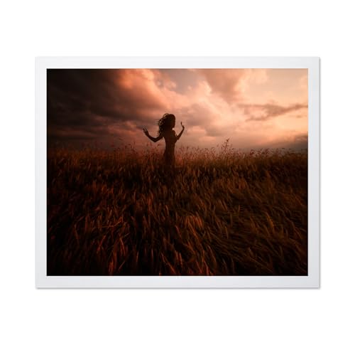 Monem Art Woman Running Wheat Field Landscape Photography Print - Emotional Countryside Figurative Art Poster - Wall Decor for Living Room or Bedroom - 8x10 White Framed Wall Art by Peter Majkut