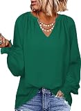 Zeagoo Womens Fashion 2024 Smocked Long Sleeve V Neck Blouse Casual Chiffon Dressy Shirts Puff Sleeve Work Tops Green