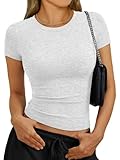 Trendy Queen Women's Short Sleeve Crop Tops Soft Stretchy Basic Tees Non See-Through Slim Fit Crewneck T-Shirts Oatmeal Grey S
