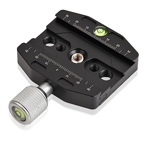 70mm Placa Liberación Rápida, Abrazadera de Liberación Rápida en Aleación de Aluminio con Tipo de 1/4y 3/8 Tornillo y Burbuja de Nivel Compatible con Arca Swiss, Trípode, Monopié, Rótula de Bola