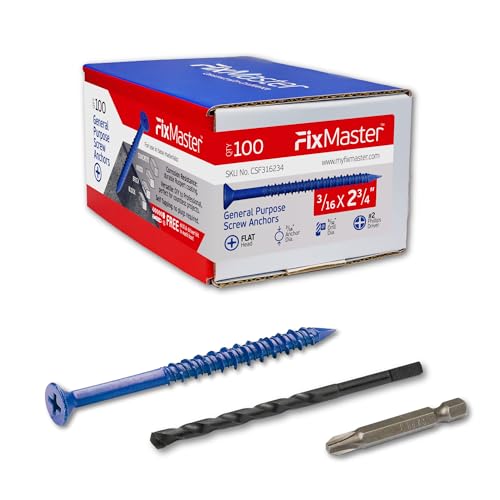 FixMaster 3/16 x 2-3/4' Countersunk Phillips Flat Head Blue Concrete Screw Anchors (100 pcs Screw...