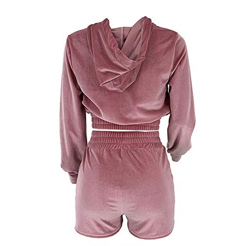 Women Velvet 2 Piece Outfits Long Sleeve Zip Up Crop Sweatshirt Hoodie Elastic Waist Biker Shorts Set Tracksuit #TOP4
