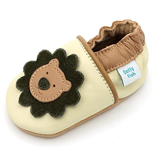 Dotty Fish weiche Leder Babyschuhe mit rutschfesten Wildledersohlen. Jungen und Mädchen. Kleinkind Schuhe. Beige und Braun Löwe. 18-24 Monate (23 EU)